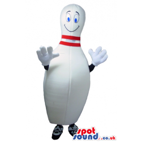 Smiling bowling pin mascot with two red stripes and black shoes