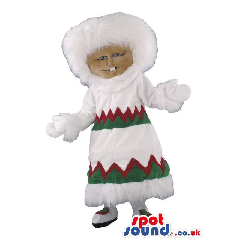Season girl mascot in white jacket and with furry hoody -