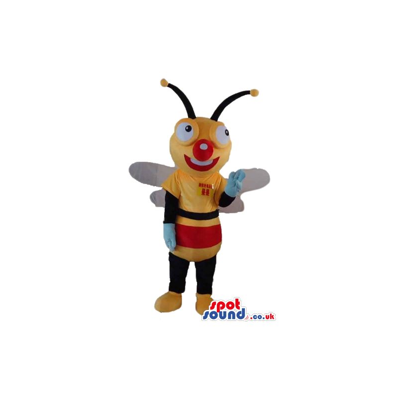 Bee with a big red nose wearing a yellow, black and red t-shirt