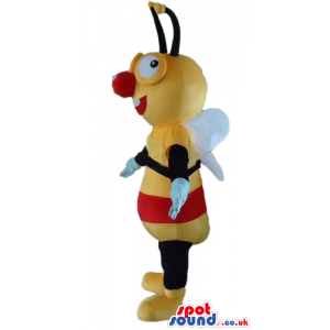 Bee with a big red nose wearing a yellow, black and red t-shirt