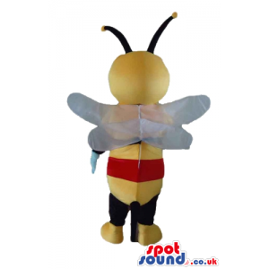 Bee with a big red nose wearing a yellow, black and red t-shirt