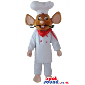 Brown mouse with a long black moustache dressed as a chef -
