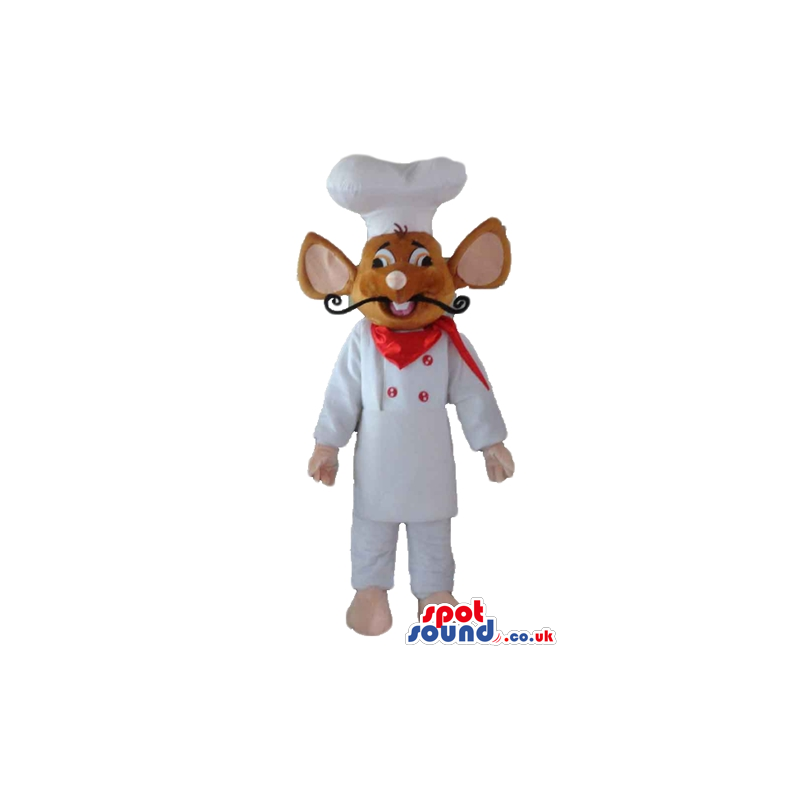 Brown mouse with a long black moustache dressed as a chef -