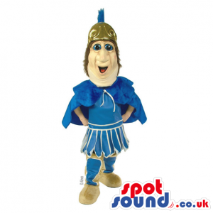 Roman soldier mascot with blue cape and golden helmet