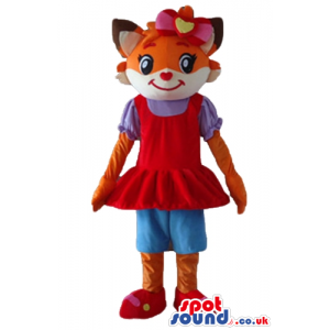 Orange cat wearing a pink bow on the head, a red dress, a