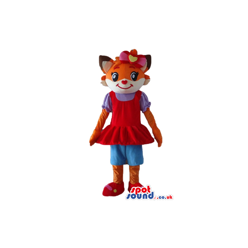 Orange cat wearing a pink bow on the head, a red dress, a