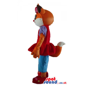 Orange cat wearing a pink bow on the head, a red dress, a