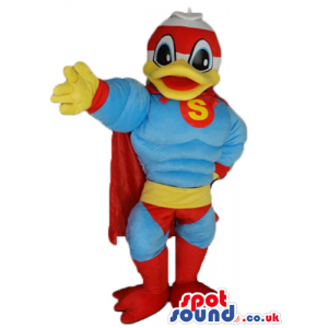 White duck wearing blue and red superhero suit with a red cape