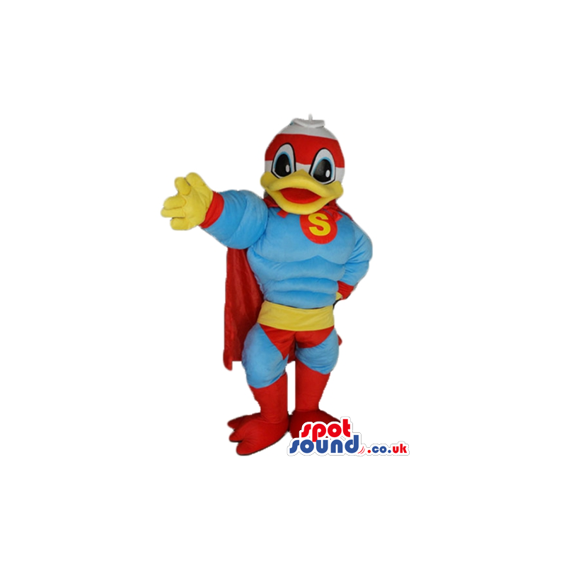 White duck wearing blue and red superhero suit with a red cape