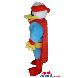 White duck wearing blue and red superhero suit with a red cape