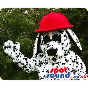 Dalmatian dog  mascot with firefighter helmet and big black eyes