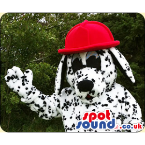 Dalmatian dog mascot with firefighter helmet and big black eyes