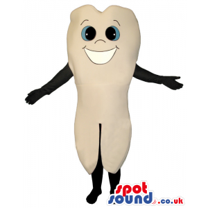 Standing tooth mascot with big white smile and bright blue eyes