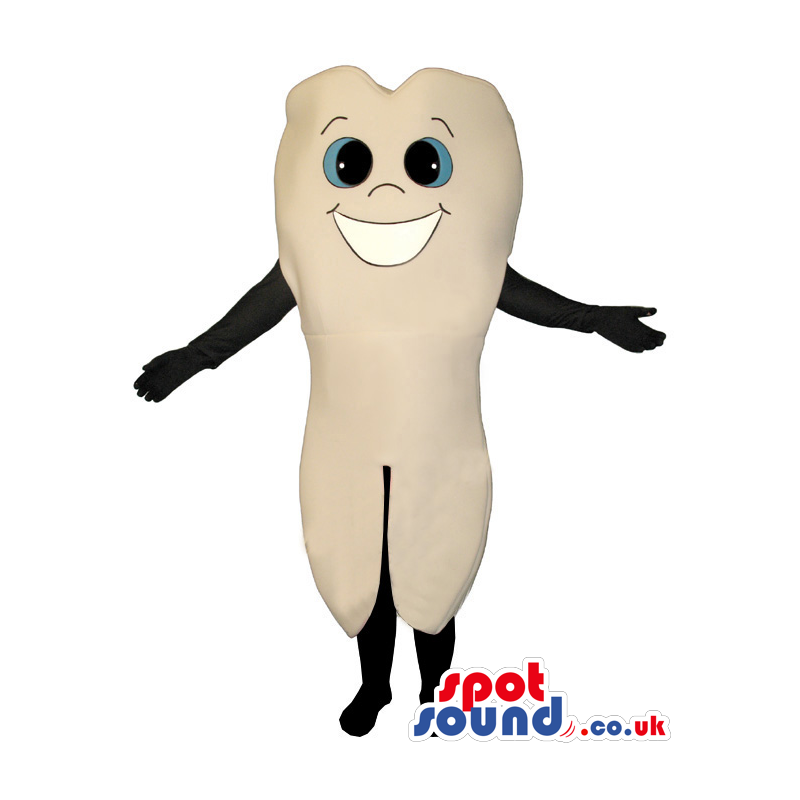 Standing tooth mascot with big white smile and bright blue eyes