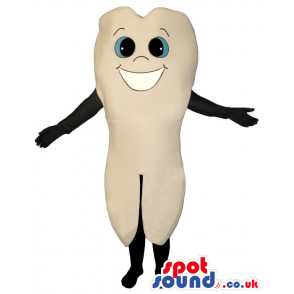 Standing tooth mascot with big white smile and bright blue eyes