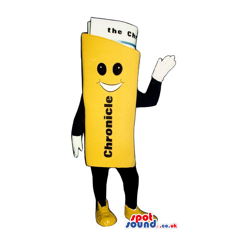 The yellow big standing newspaper mascot with friendly smile. -