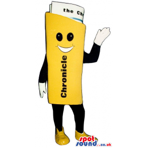The yellow big standing newspaper mascot with friendly smile. -