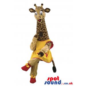 Giraffe mascot with beautiful yellow-pink frock with pink shoes