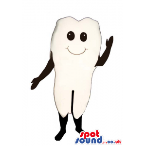 Delighted looking white tooth mascot with innocent black eyes -