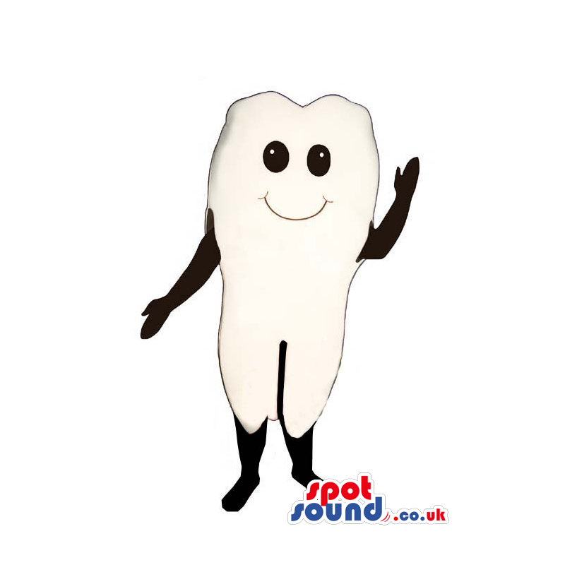 Delighted looking white tooth mascot with innocent black eyes -