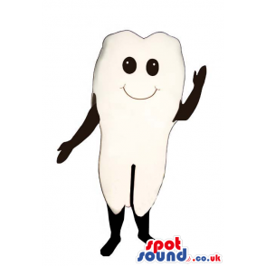 Delighted looking white tooth mascot with innocent black eyes -