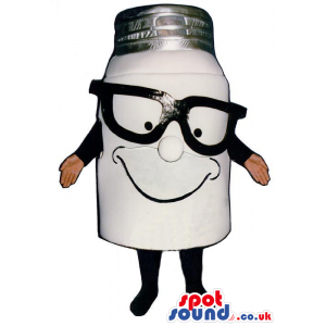 Standing empty jar mascot with big black glasses on the nose. -