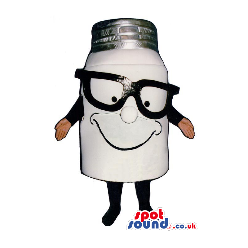 Standing empty jar mascot with big black glasses on the nose. -