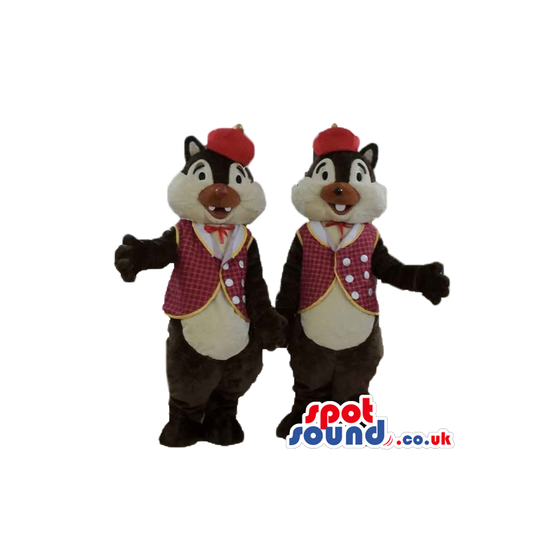 Twin brown and beige squirrels wearing a red hat and a checked