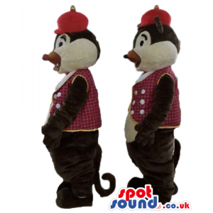 Twin brown and beige squirrels wearing a red hat and a checked