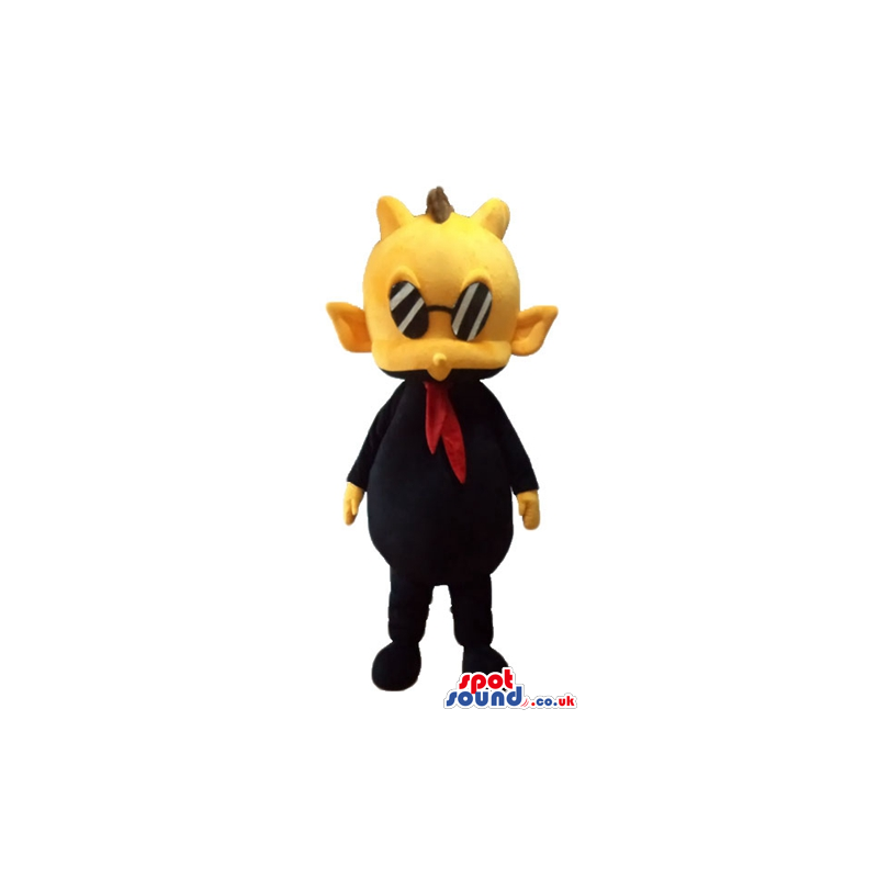 Yellow guy with brown punk hair dressed in black with a red tie