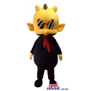 Yellow guy with brown punk hair dressed in black with a red tie