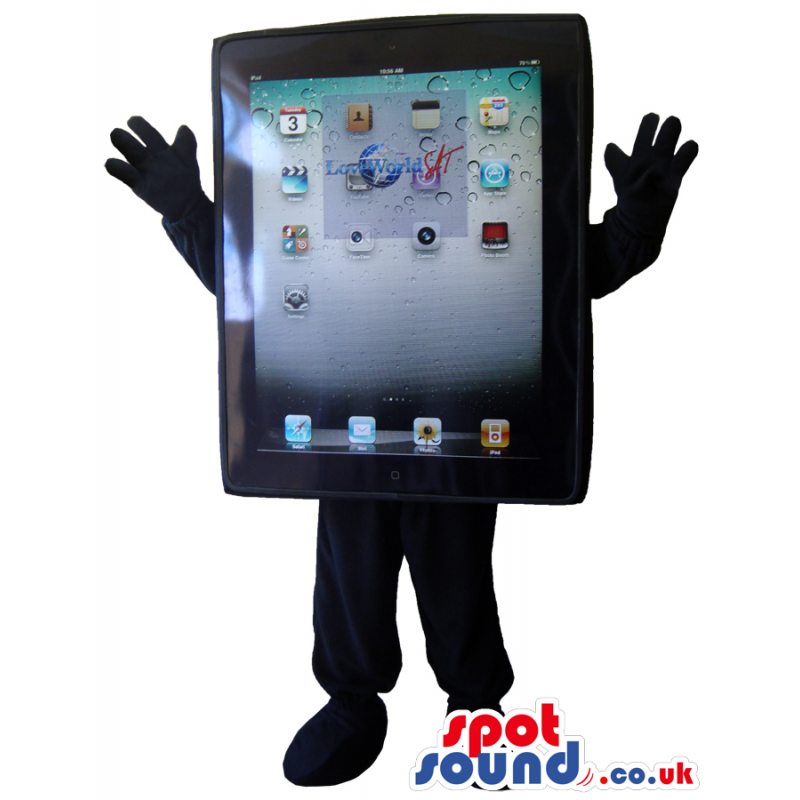 Black tablet mascot with icons on the screen, hands and feet -