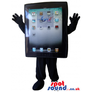 Black tablet mascot with icons on the screen, hands and feet -