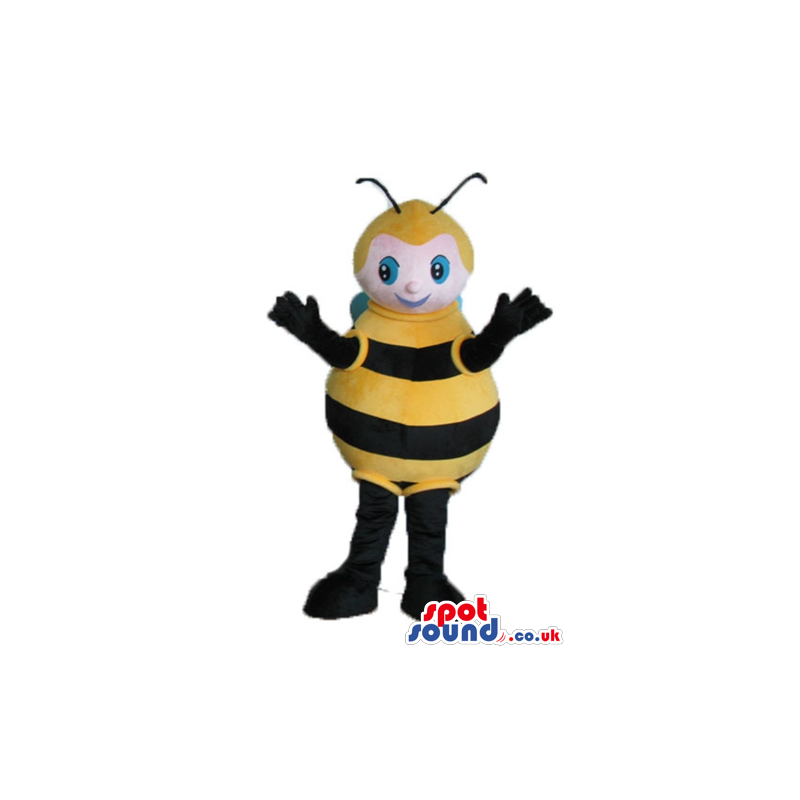 Bee with black arms and legs with blond hair and blue eyes -