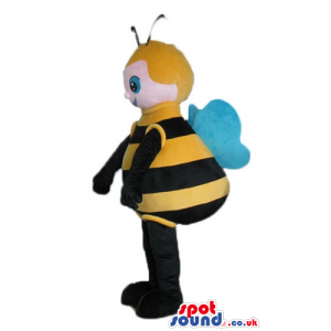 Bee with black arms and legs with blond hair and blue eyes -