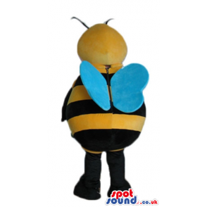 Bee with black arms and legs with blond hair and blue eyes -