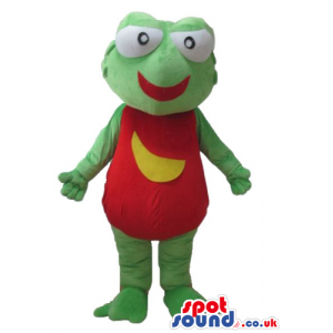 Green frog with big eyes, a red mouth and a red body with a