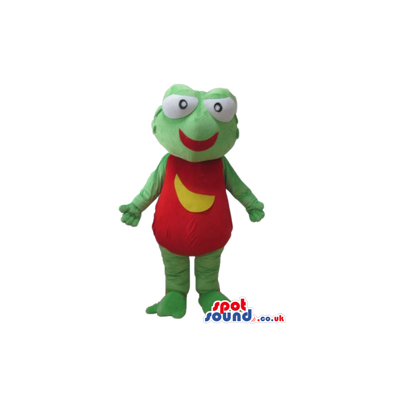 Green frog with big eyes, a red mouth and a red body with a