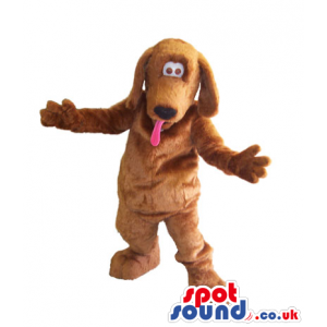 Fluffy, soft brown dog mascot with funny pink tongue hanging out