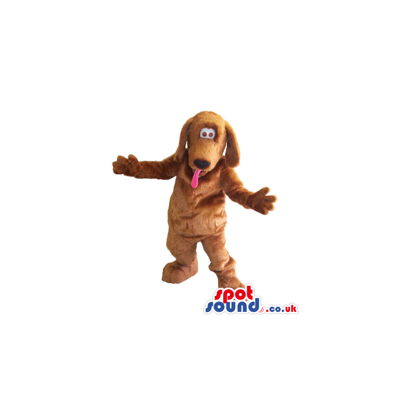 Fluffy, soft brown dog mascot with funny pink tongue hanging