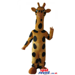 Giraffe with small blue eyes and yellow shoes - Custom Mascots