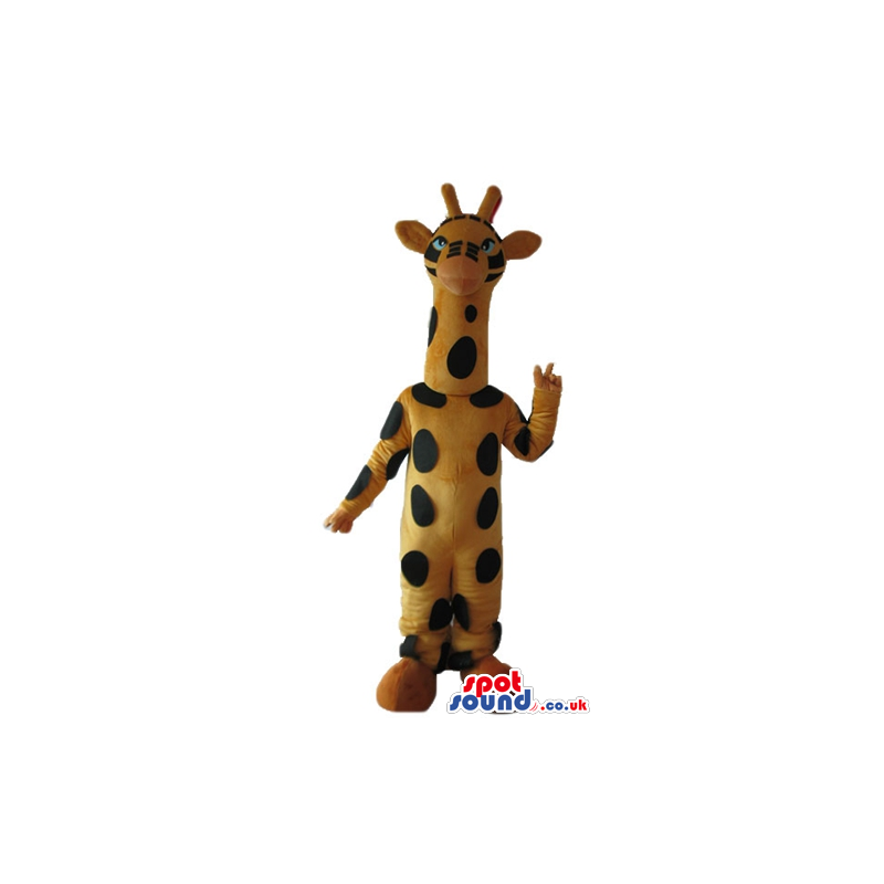 Giraffe with small blue eyes and yellow shoes - Custom Mascots