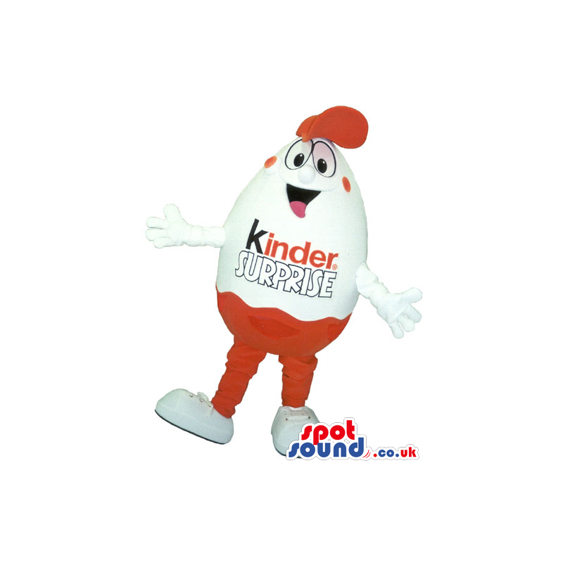 Overjoyed red and white Kinder Surprise Mascot wearing red cap