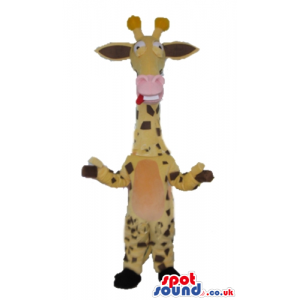 Yellow and black giraffe with orange belly and pink nose -