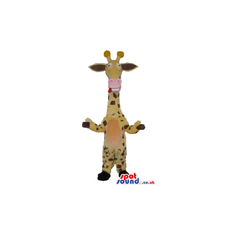 Yellow and black giraffe with orange belly and pink nose -