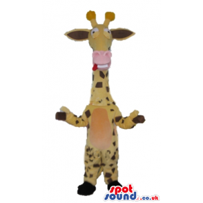 Yellow and black giraffe with orange belly and pink nose -