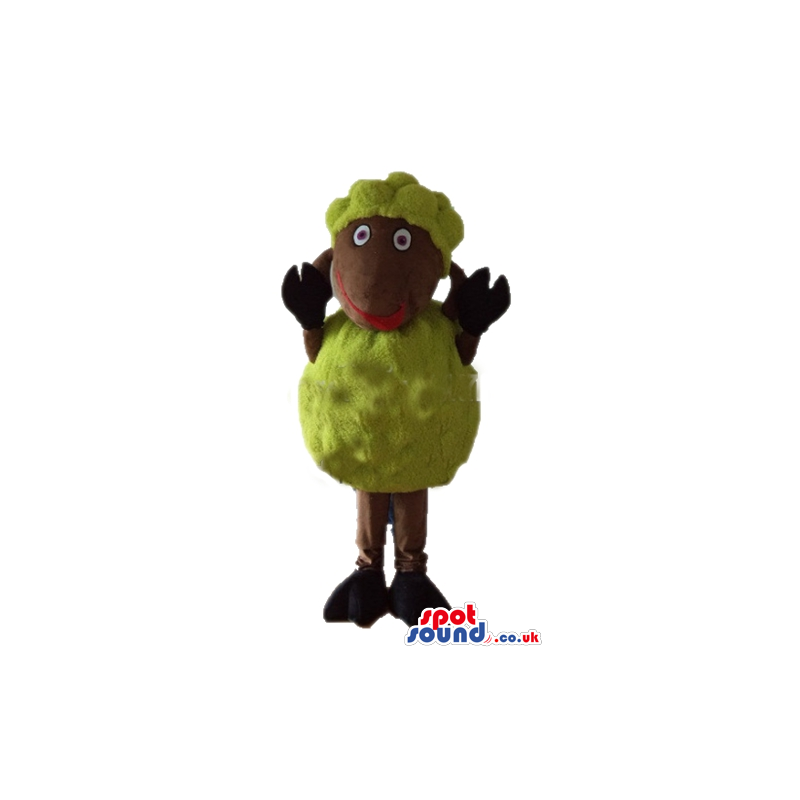 Brown sheep with yellow wool and a red mouth - Custom Mascots