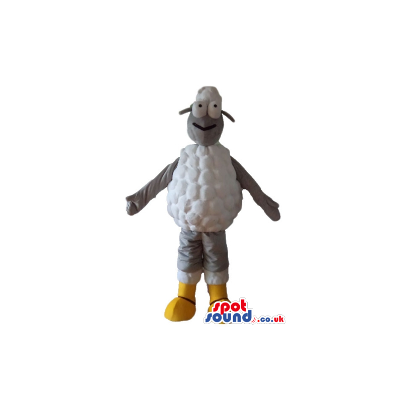 White sheep with grey arms and legs wearing yellow shoes -