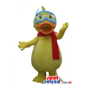 Yellow duck with an orange beak wearing a red scarf and