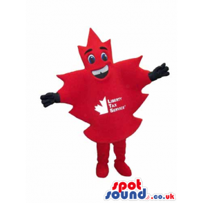The red Oak's Leaf Mascot with a big smile and black gloves -